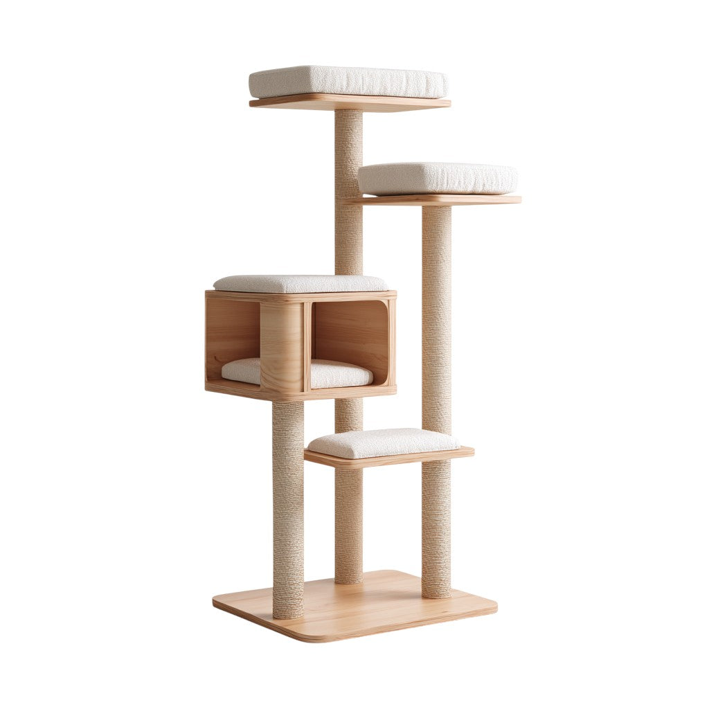 Helqon Modern Wood Cat Tower with Condo - 60"