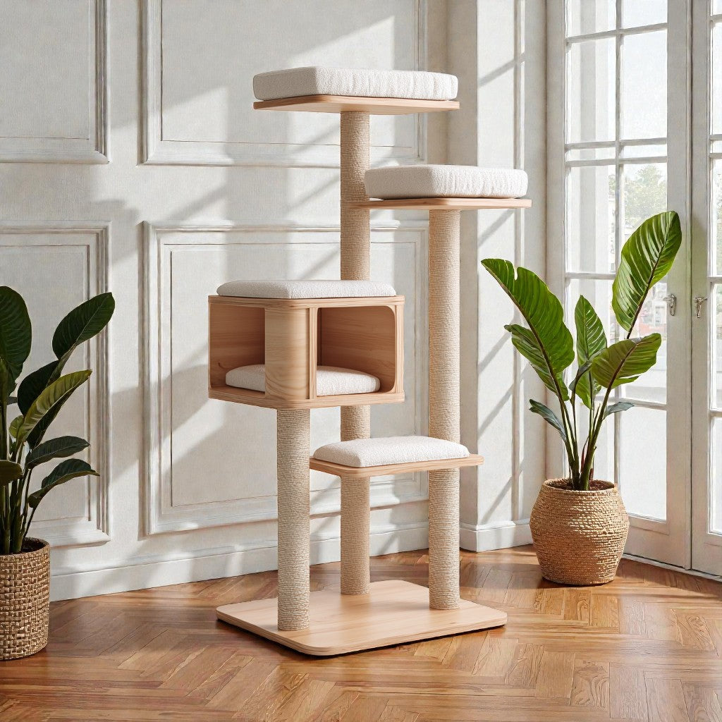 Helqon Modern Wood Cat Tower with Condo - 60"